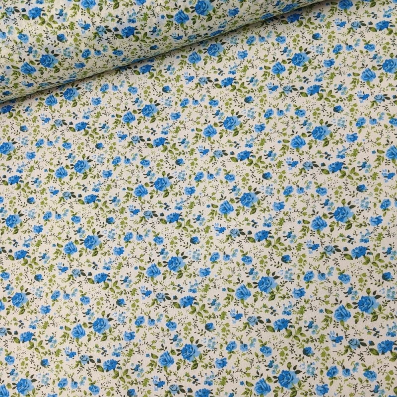 1 Metre Blue Cottage Small Rose Polycotton Fabric x 112cm stock location f3