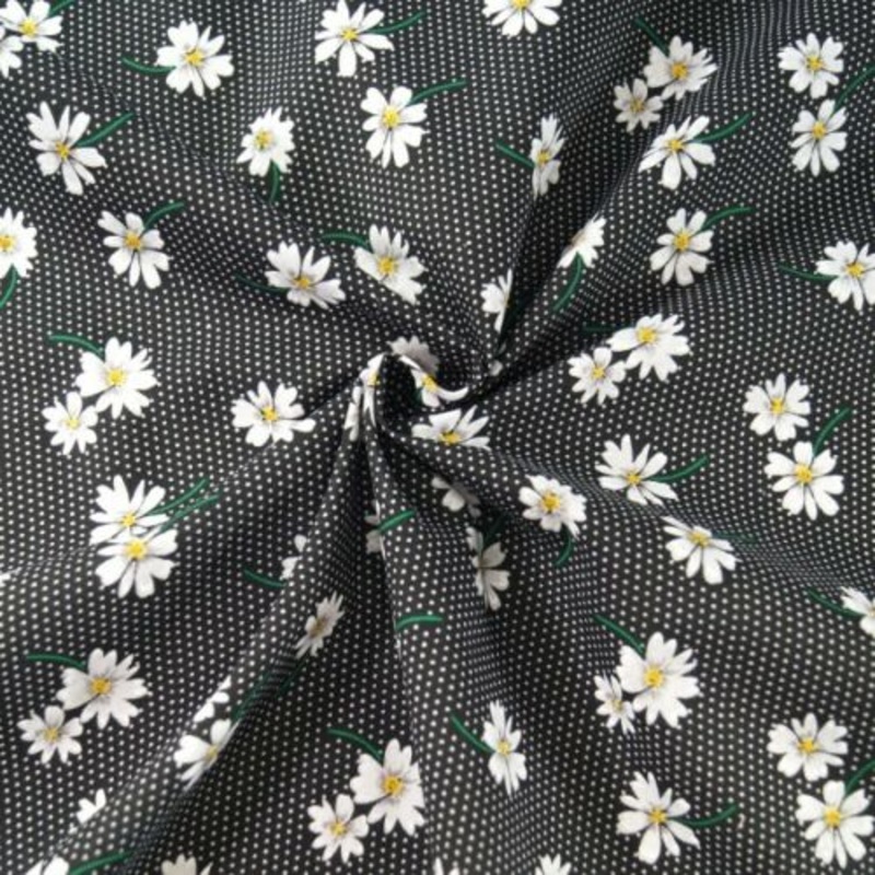 1 Metre Daisy Polycotton on Polkadot Black Background Fabric 112cm Width