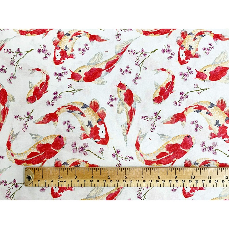 1 Metre Koi Carp Fish Print on Ivory Background 100% Cotton Fabric x 112cm / 44 – stock location b2