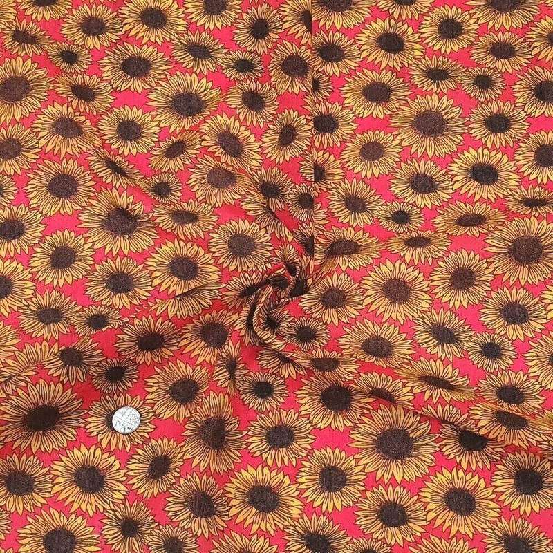 1 Metre Polycotton Yellow Sunflower on Bright Red Background – 45 Width