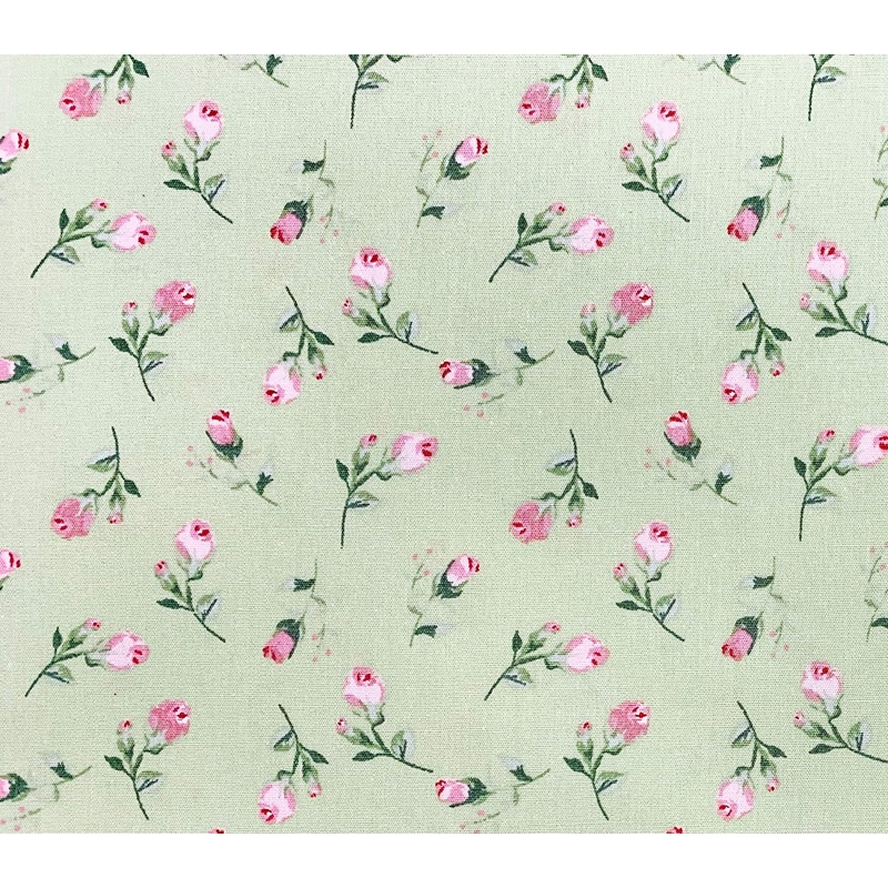 1 metre Pretty Pink rosebud on Green 100% Cotton Poplin Fabric x 110cm