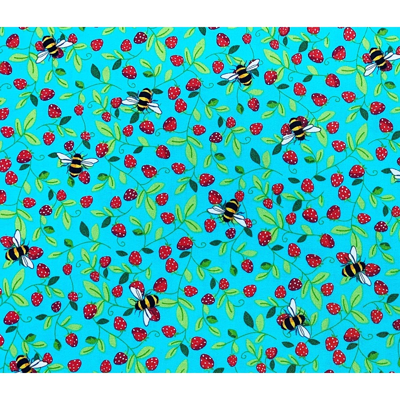 1 Metre Strawberries and Bees on Blue 100% Cotton Poplin Fabric x 110cm