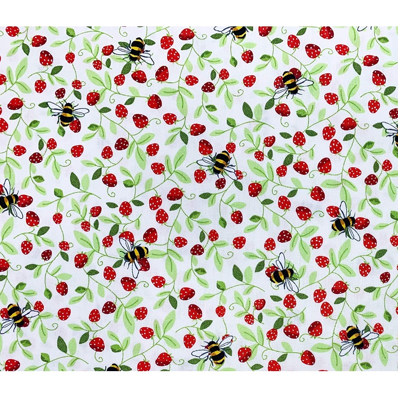 1 Metre Strawberries and Bees on Ivory 100% Cotton Poplin Fabric x 110cm