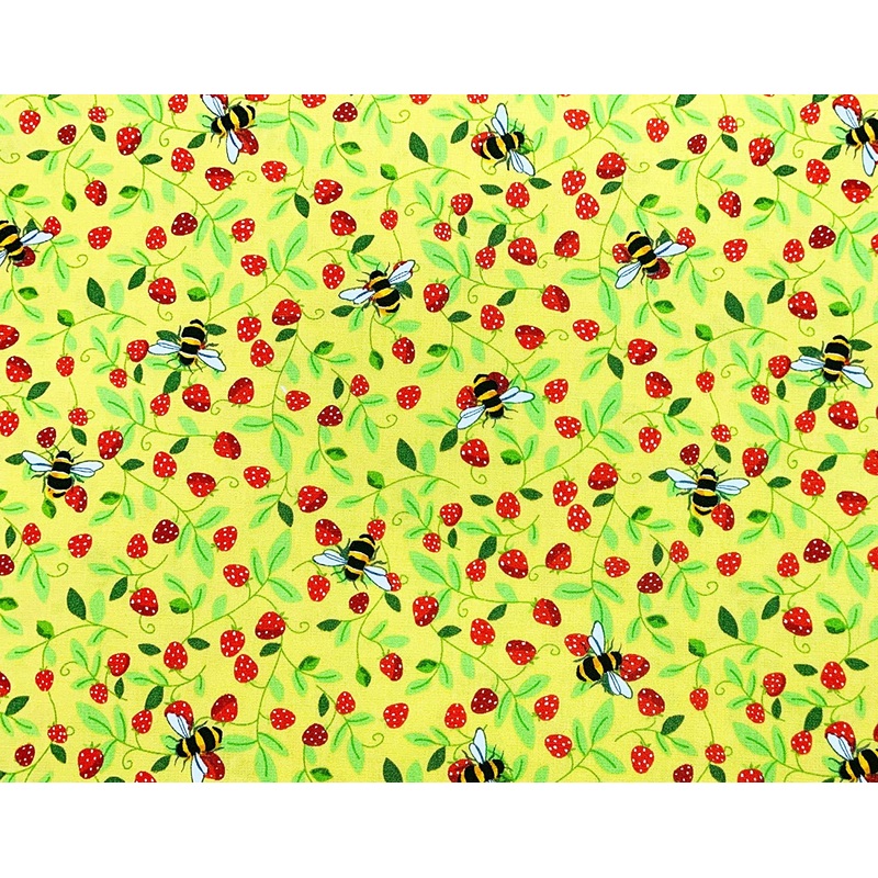 1 Metre Strawberries and Bees on Yellow 100% Cotton Poplin Fabric x 110cm