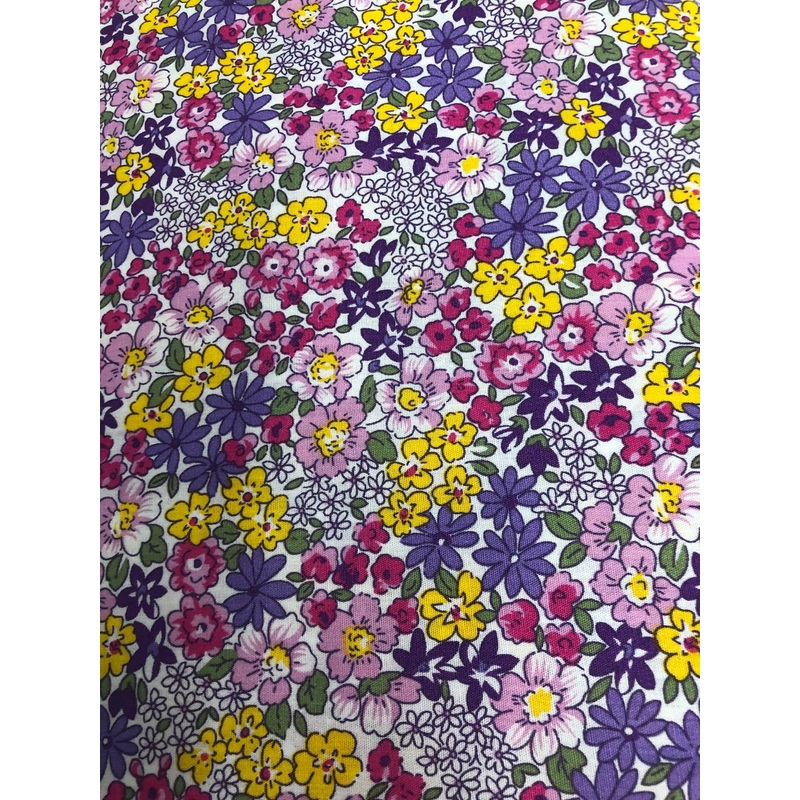 100% Cotton Poplin Fabric x 110cm –  Vibrant Yellow Purple Pink Flowers stock location c2