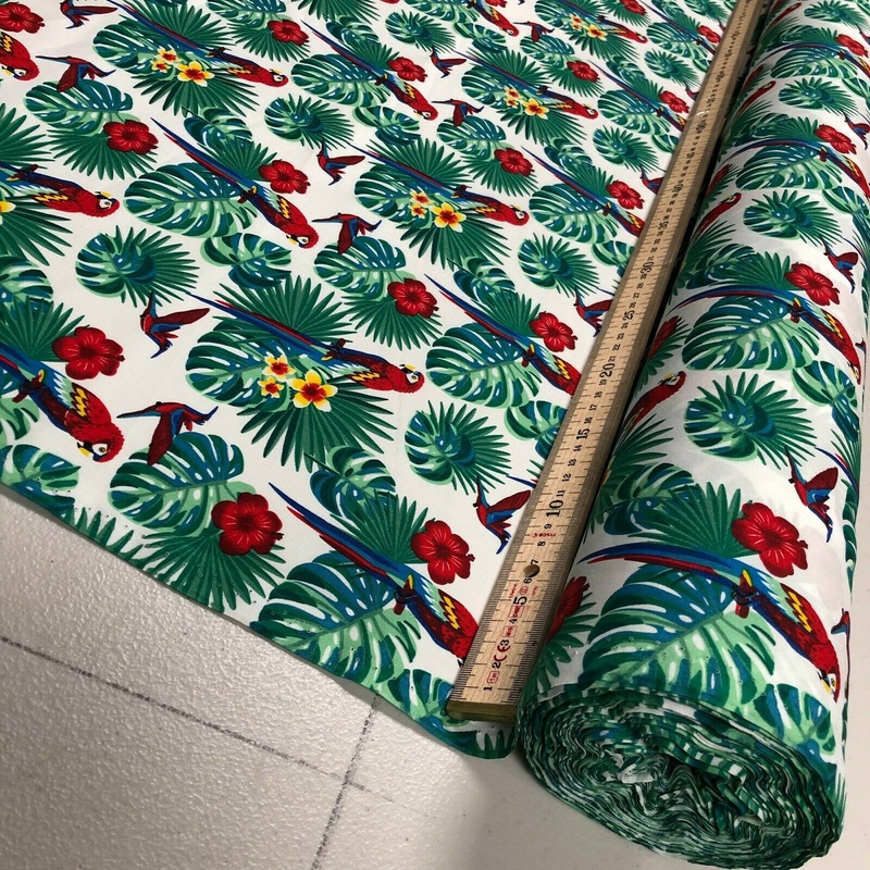 White 1 Metre 100% Cotton Poplin Tropical Flower and Parrot Fabric x 112cm / 44
