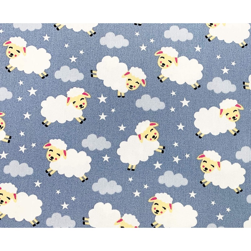 1 Metre Childrens Sleepy Sheep with stars on Grey 100% Cotton Fabric 43 Width