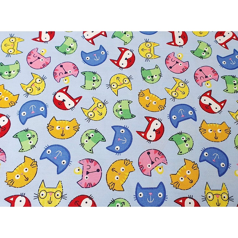1 Metre Kitty Cat Design on Sky Blue 100% Cotton Fabric 43 Width