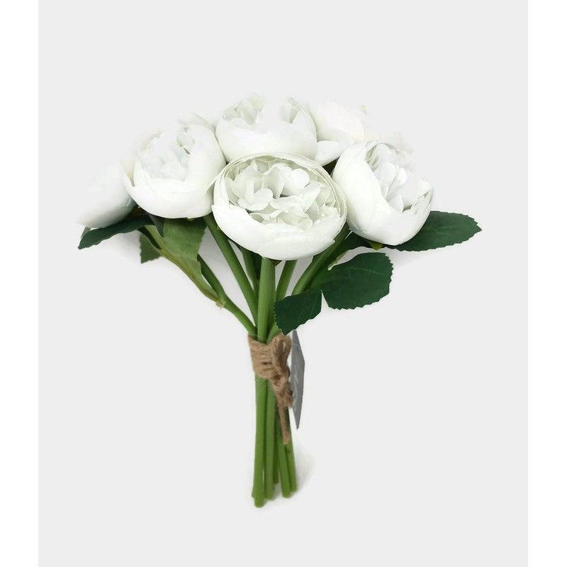 7 head Mini Peony Bundle x 24cm – White with Blue Tinge