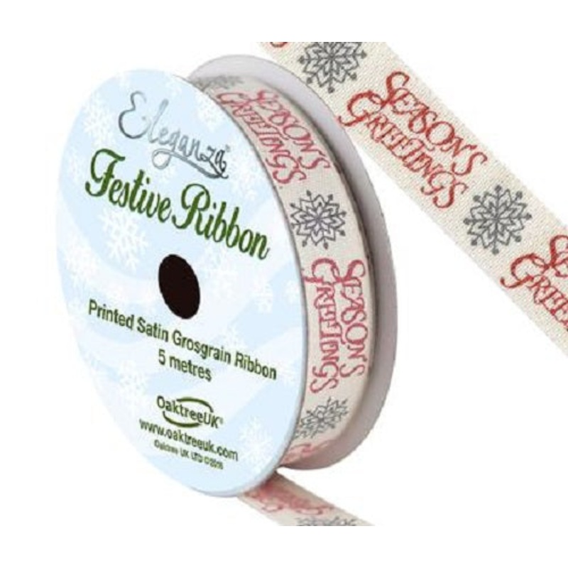 Natural Cotton Festive Ribbon 15 mm x 5 m  – Seasons Greetings