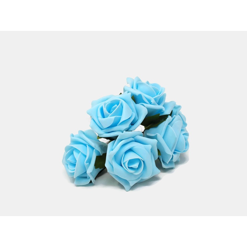 6 Head Foam Rose Bunch – Aqua Blue