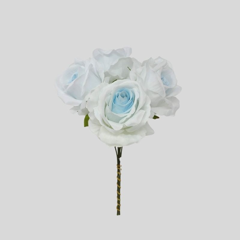 6 Wired Stem Rose Bundle x 27cm – Blue & White