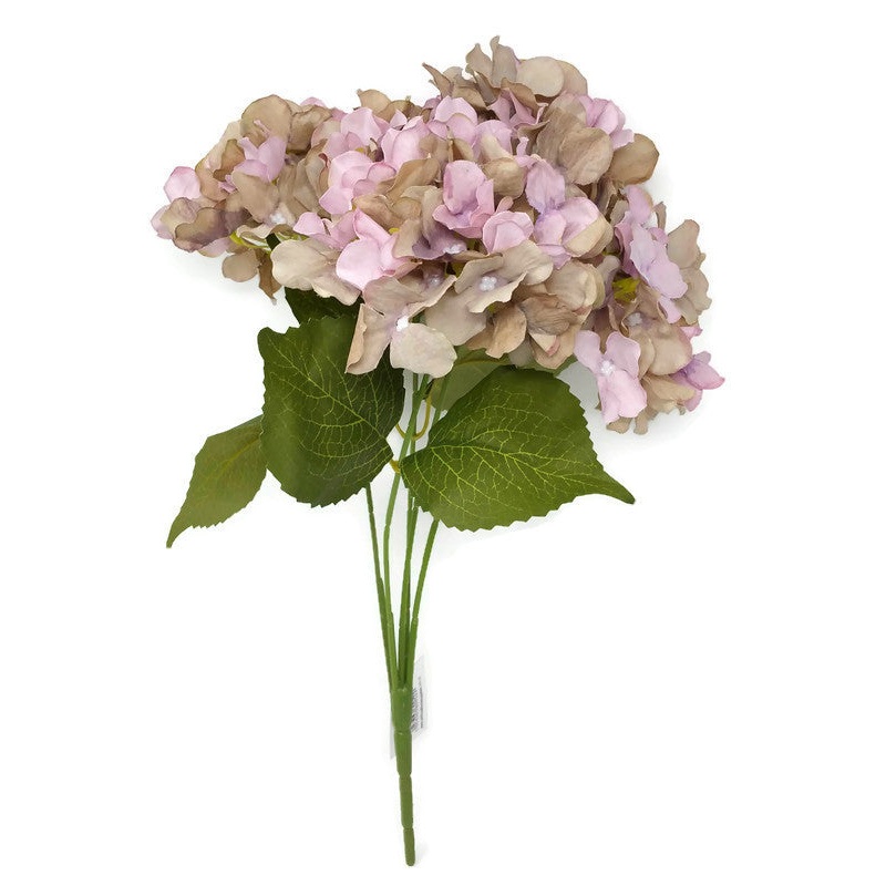 5 Head Vintage Hydrangea Bush x 41cm – Pink & Brown