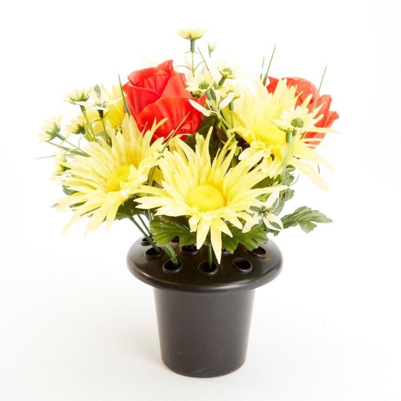 Everlasting Blooms Grave Vase Container with Flowers – Daisy & Rose – Yellow and Orange