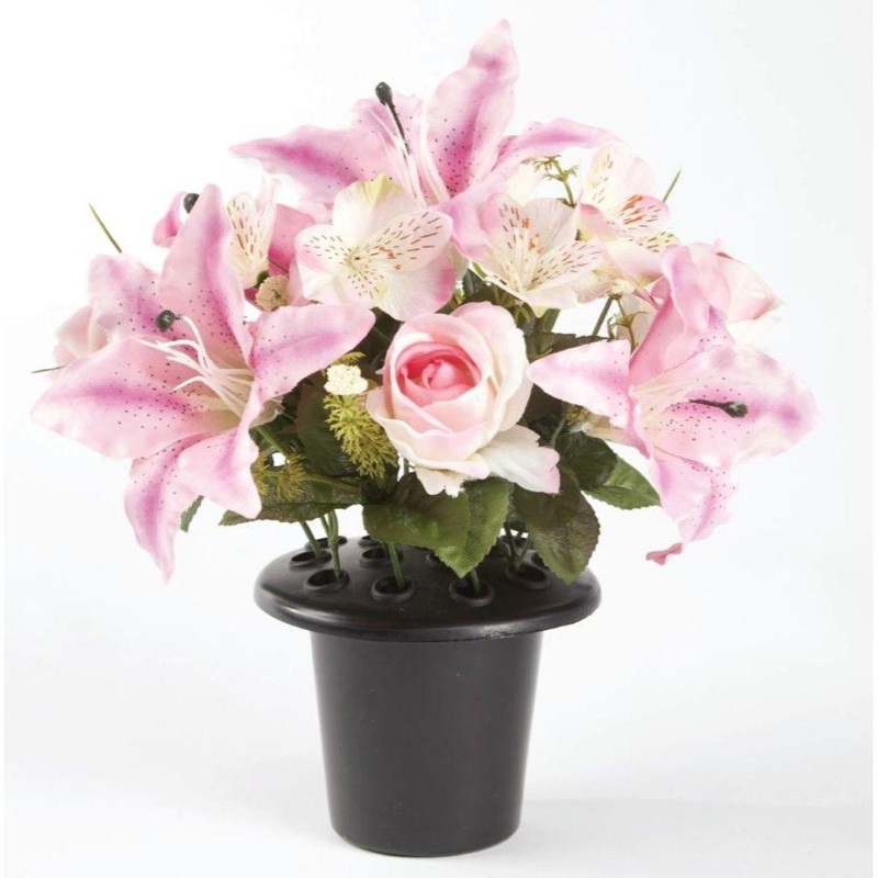 Everlasting Blooms Grave Vase Container with Flowers – Lily, Rose & Orchid – Pink