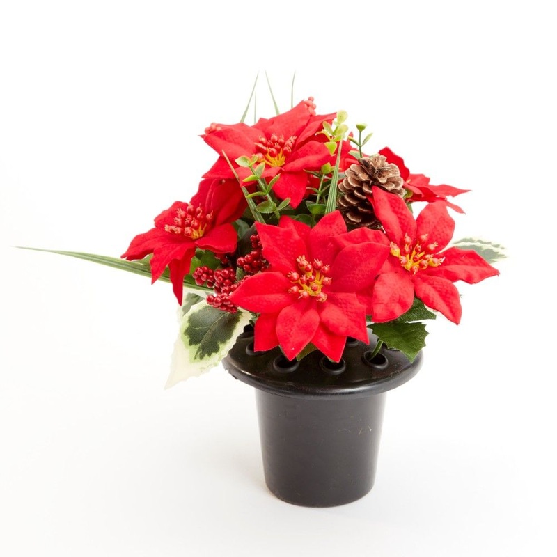 Everlasting Blooms Grave Vase Container with Flowers – Red Poinsettia