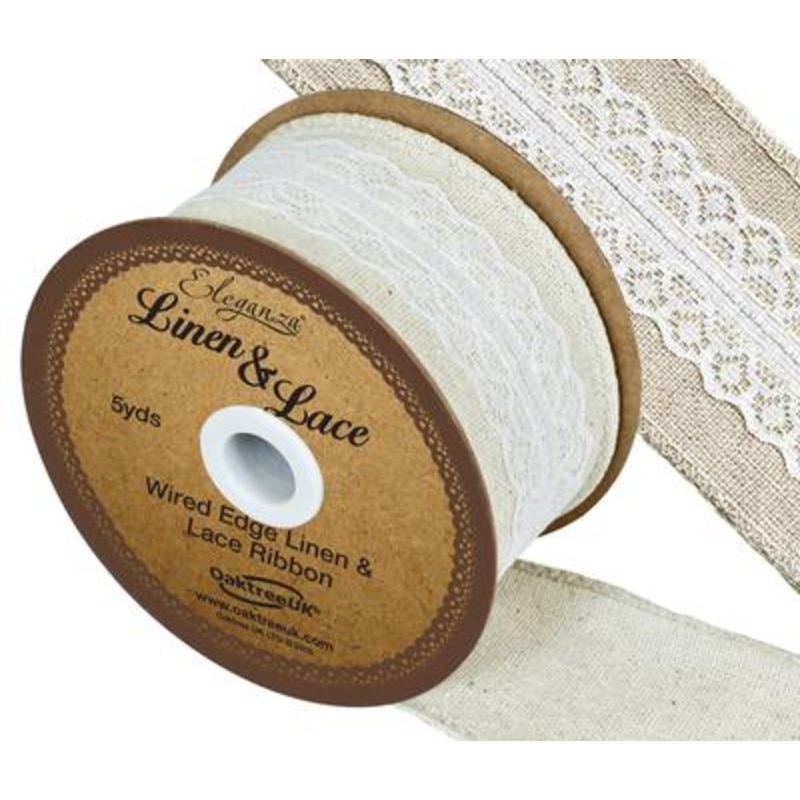 Linen and Lace Wired Edge Pattern No.354 50mm x 5yds White