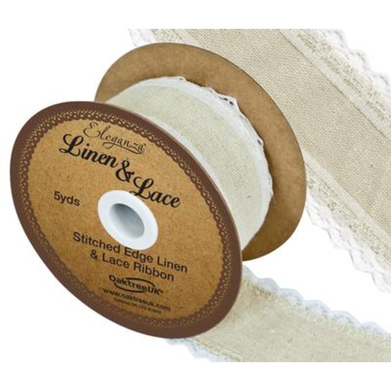 Linen and White Lace Stitched Edge Ribbon Roll – Pattern No.355 – 38mm x 5yds