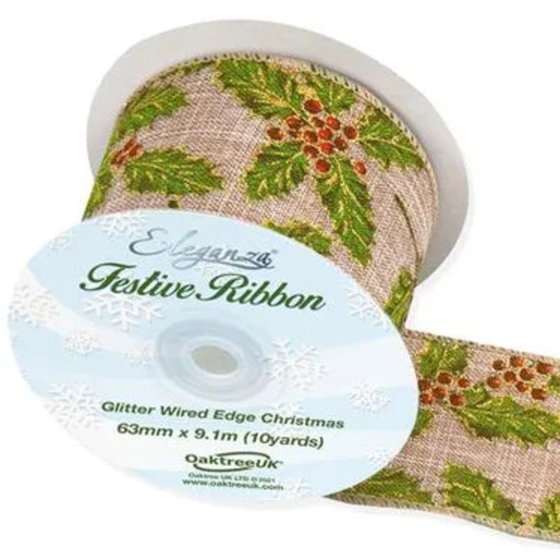 Wired Edge Holly Ribbon Roll – 63mm x 9.1m
