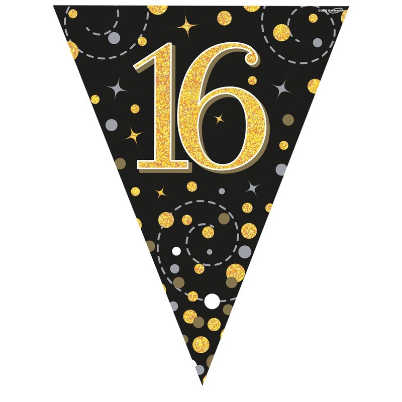 Party Bunting Sparkling Fizz Black & Gold Holographic – 11 flags – 3.9m – 16th