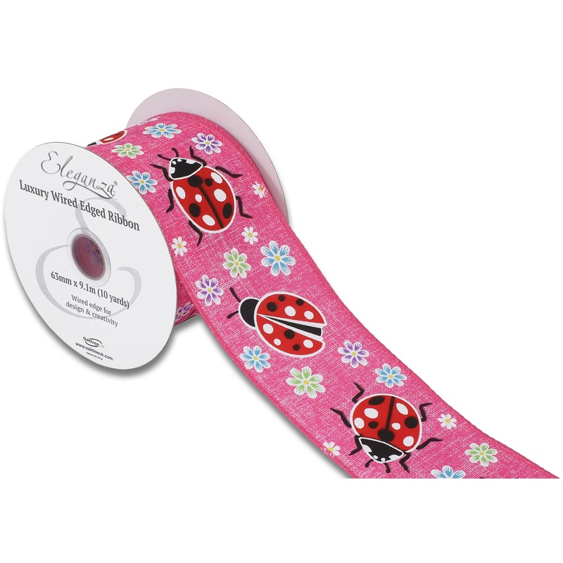 Wired Edge Ribbon 63mm x 9.1m – Floral Ladybird Fuchsia