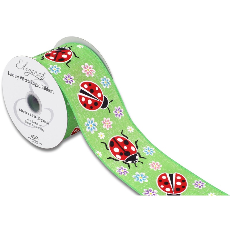 Wired Edge Ribbon 63mm x 9.1m – Floral Ladybird Lime Green