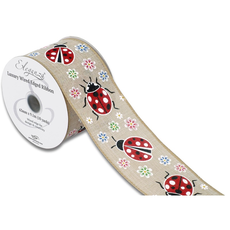 Wired Edge Ribbon 63mm x 9.1m – Floral Ladybird Natural