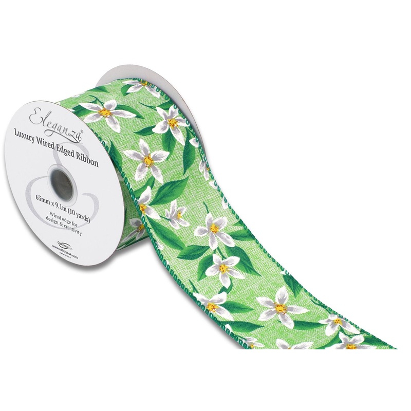 Wired Edge Ribbon 63mm x 9.1m – Floral Pattern Green/White