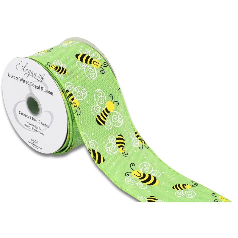 Wired Edge Ribbon 63mm x 9.1m – Smiley Bee Lime Green