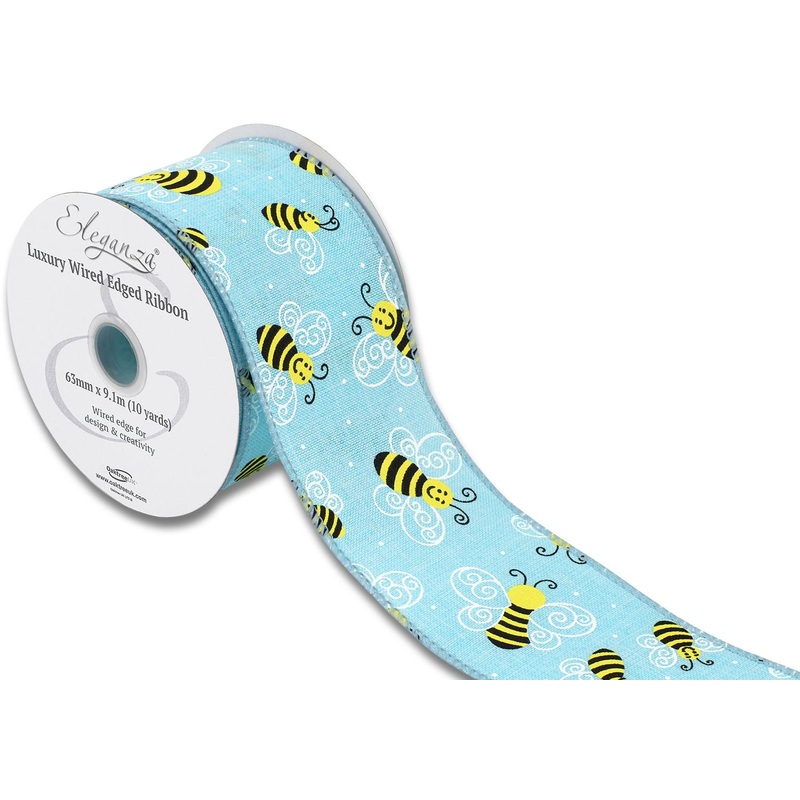 Wired Edge Ribbon 63mm x 9.1m – Smiley Bee Tiffany Blue