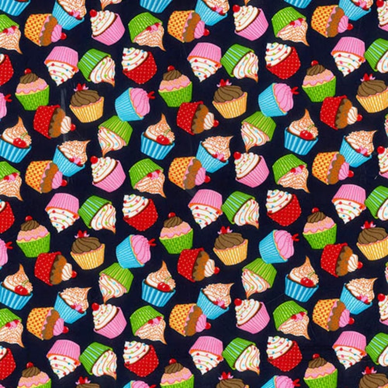 1M 100% Cotton Poplin Cupcakes on Navy black Fabric Width: 110cm (45 inches)