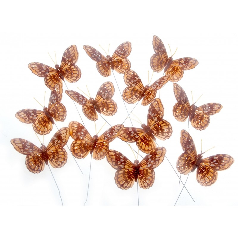 7cm Glitter Butterflies -12pcs per pk on a 20cm Wire – Orange
