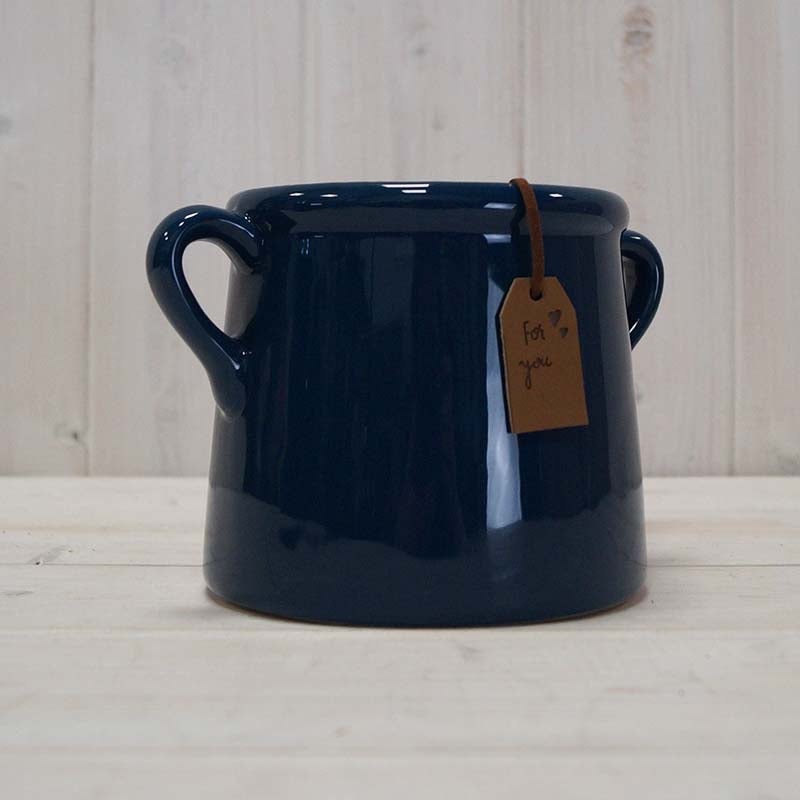 Navy Blue Ceramic Pot with Handles x 10cm