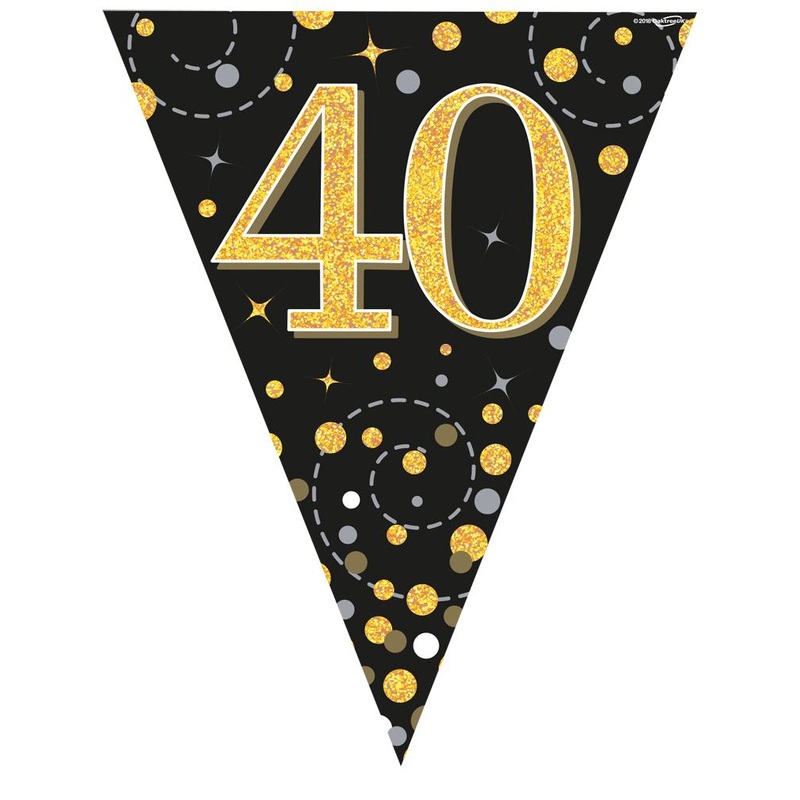 Party Bunting Sparkling Fizz Black & Gold Holographic – 11 flags – 3.9m – 40th