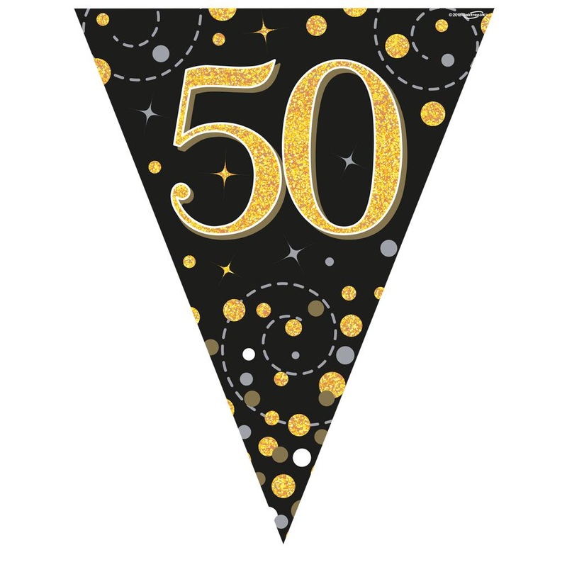 Party Bunting Sparkling Fizz Black & Gold Holographic – 11 flags – 3.9m – 50th