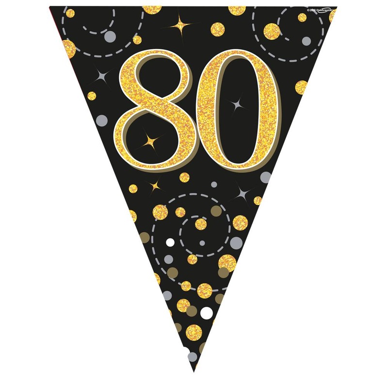 Party Bunting Sparkling Fizz Black & Gold Holographic – 11 flags – 3.9m – 80th