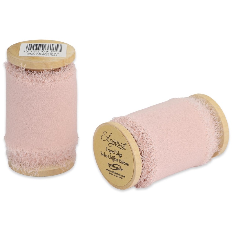 Single Reel of Frayed Edge Boho Chiffon Ribbon – 50mm x 5m – Blush