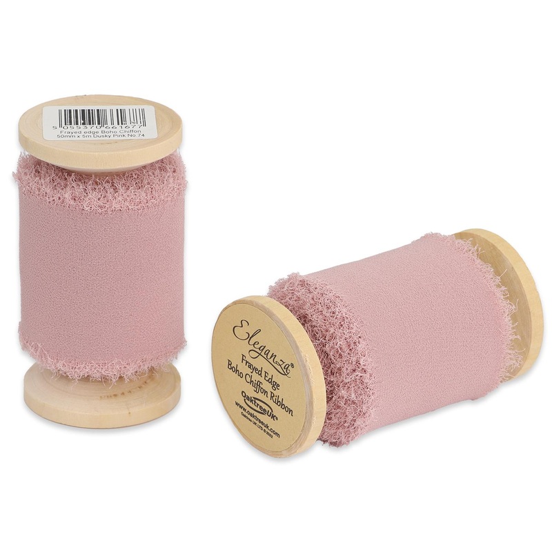 Single Reel of Frayed Edge Boho Chiffon Ribbon – 50mm x 5m – Dusky Pink