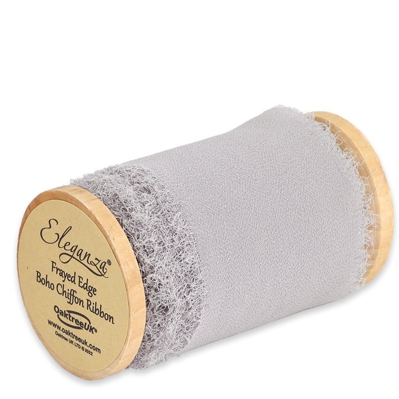 Single Reel of Frayed Edge Boho Chiffon Ribbon – 50mm x 5m – Grey