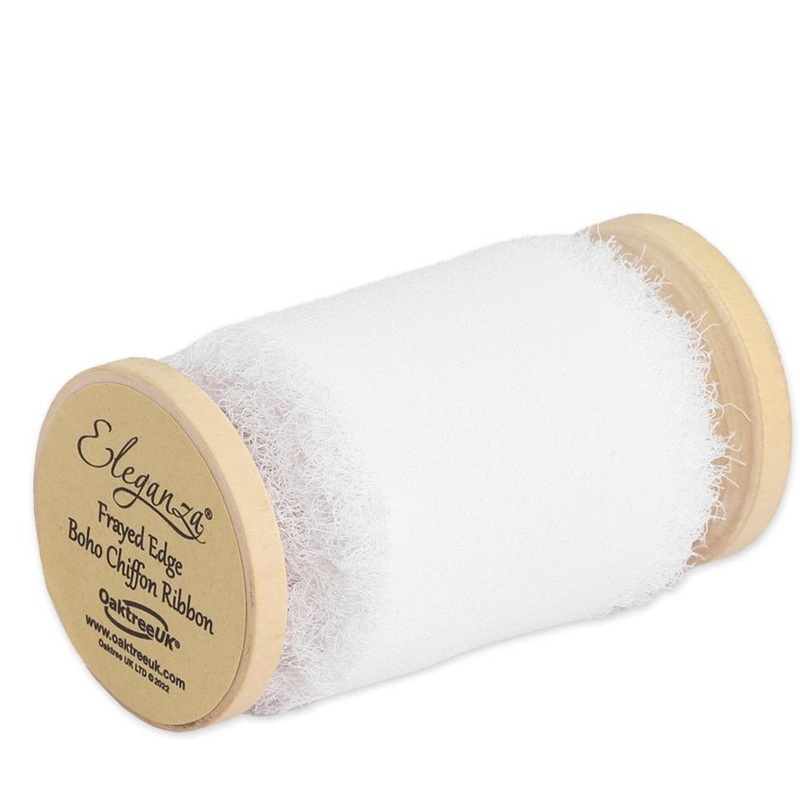 Single Reel of Frayed Edge Boho Chiffon Ribbon – 50mm x 5m – White