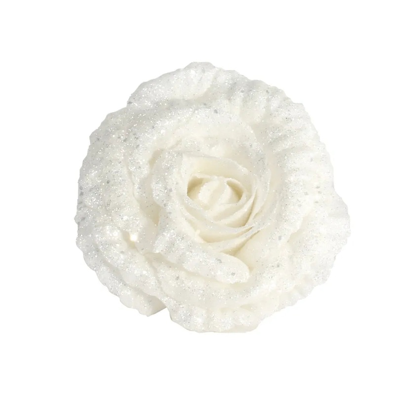 18cm Clip on  Glittered Rose – White