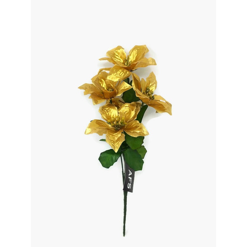 5 Head Poinsettia Bush x 33cm – Metallic Gold