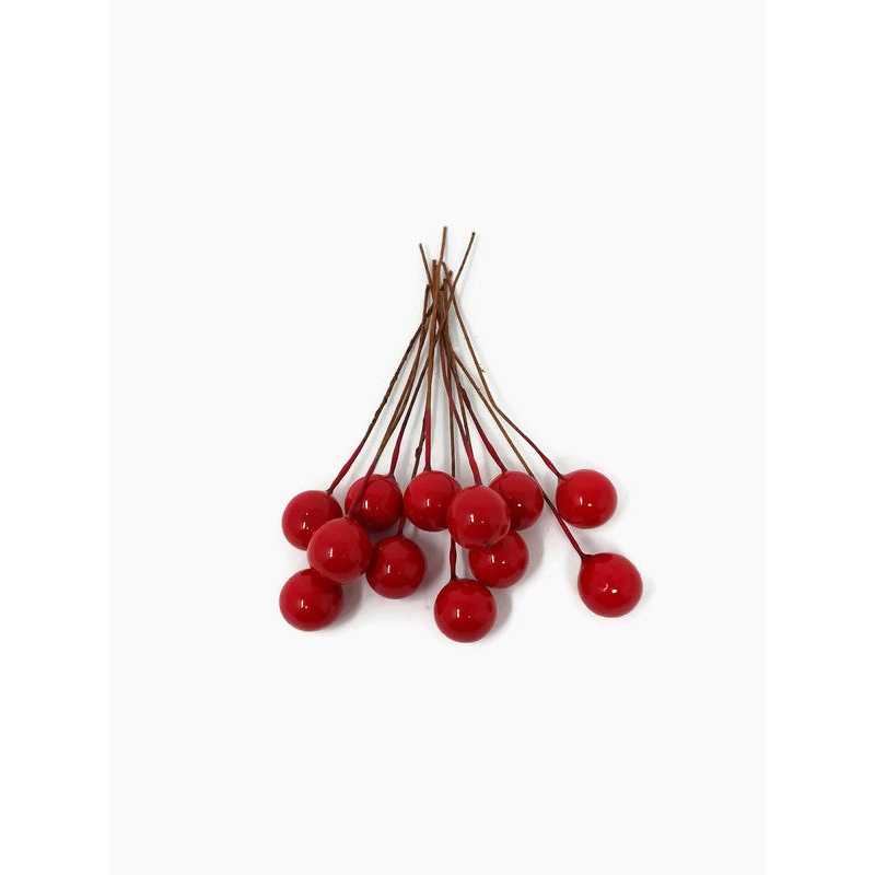 12 Wired Glossy Red Berries x 10mm