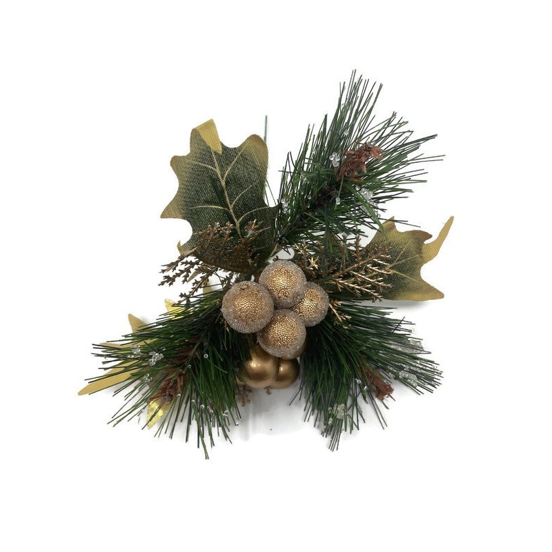 Christmas Artificial Gold Berry & Holly Florist Wire Pick x 20cm – Single