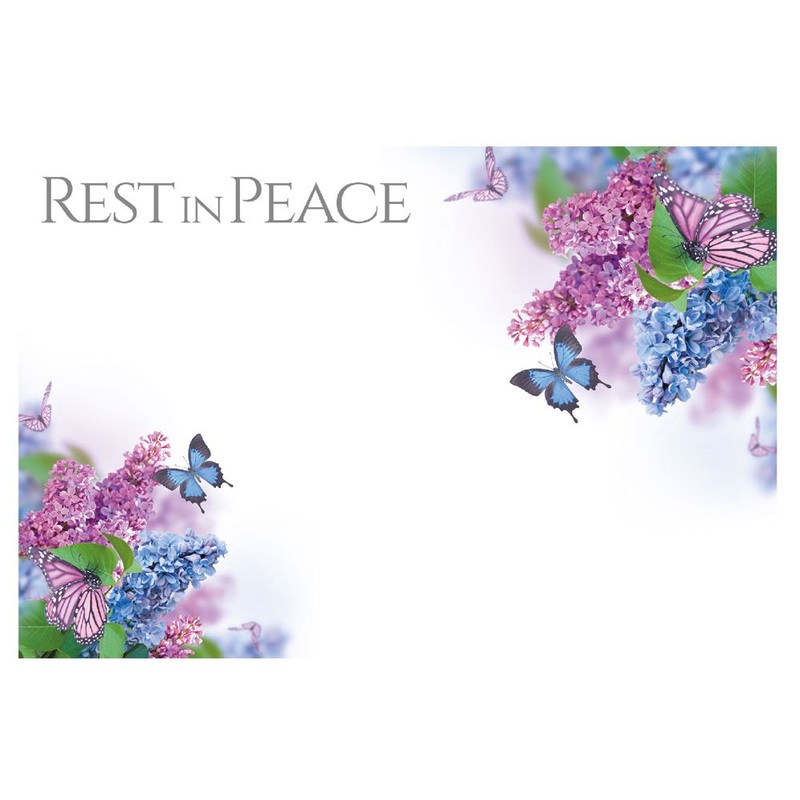 9 Large  Sympathy Message Cards – 12.5 x 9cm – Rest in Peace, Butterflies, Purple & Blue Flowers