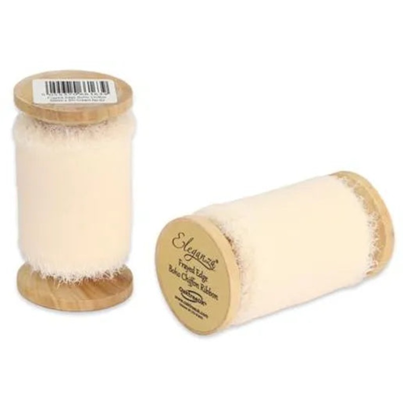 Single Reel of Frayed Edge Boho Chiffon Ribbon – 50mm x 5m – Cream