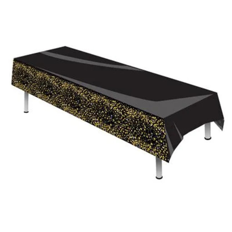 Sparkling Fizz Black & Gold Colourfast PVC Table Cover 137cm x 2.6m