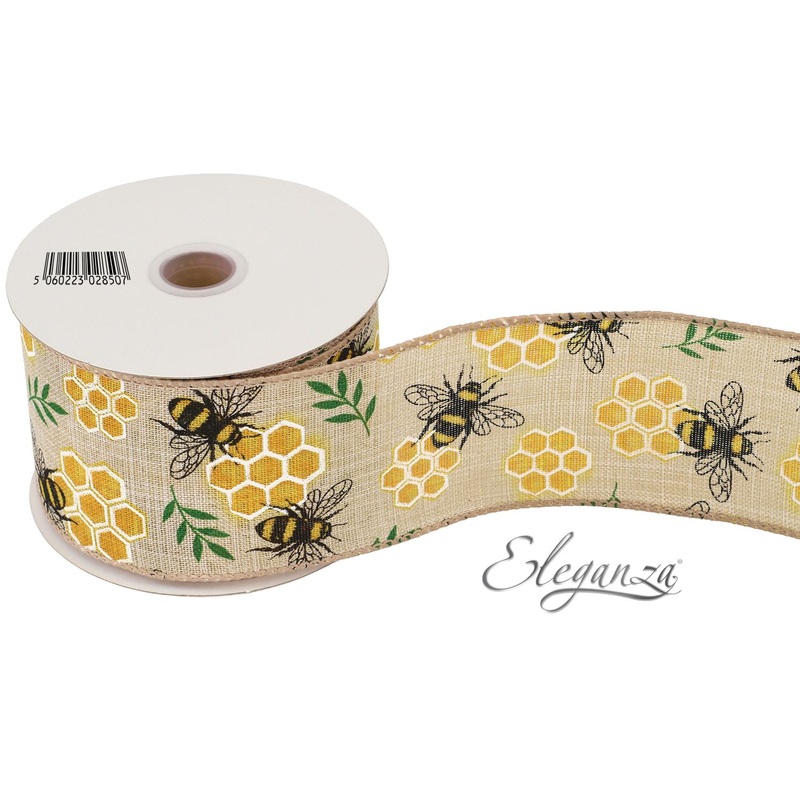 Wired Edge Ribbon Natural 63mm x 9.1m – Honeycomb & Bee