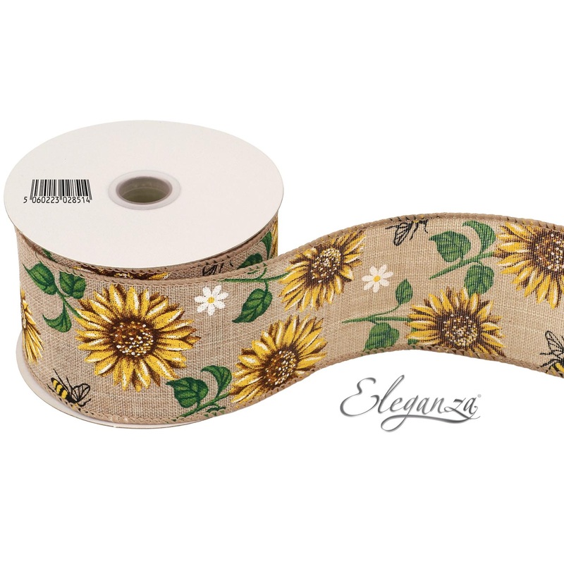 Wired Edge Ribbon Natural 63mm x 9.1m – Sunflower & Bee