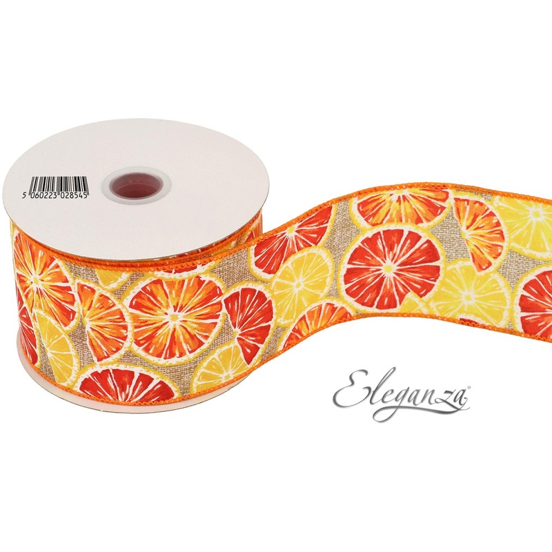 Wired Edge Ribbon Orange Slices Natural 63mm x 9.1m